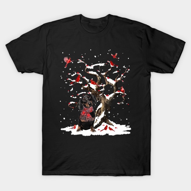 Black Dachshund Scarf Cardinal Snow Christmas T-Shirt by cogemma.art